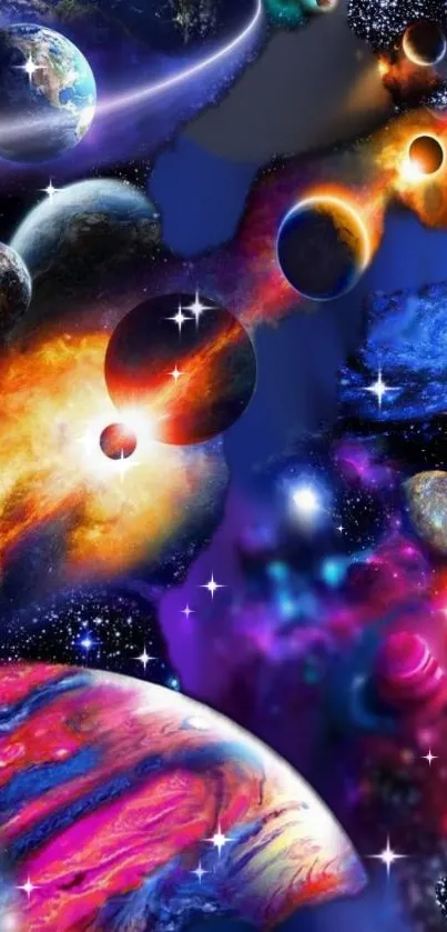 Vibrant cosmic wallpaper with colorful planets and stars.