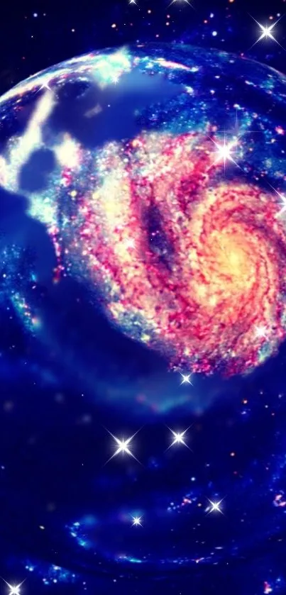 Vibrant cosmic galaxy wallpaper with swirling stars and deep blue background.