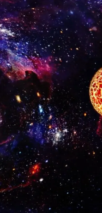 Vibrant cosmic wallpaper with galaxy and planet.