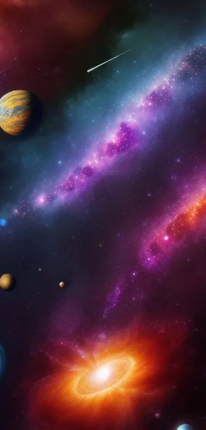 Colorful galaxy with planets and stars in a cosmic wallpaper design.