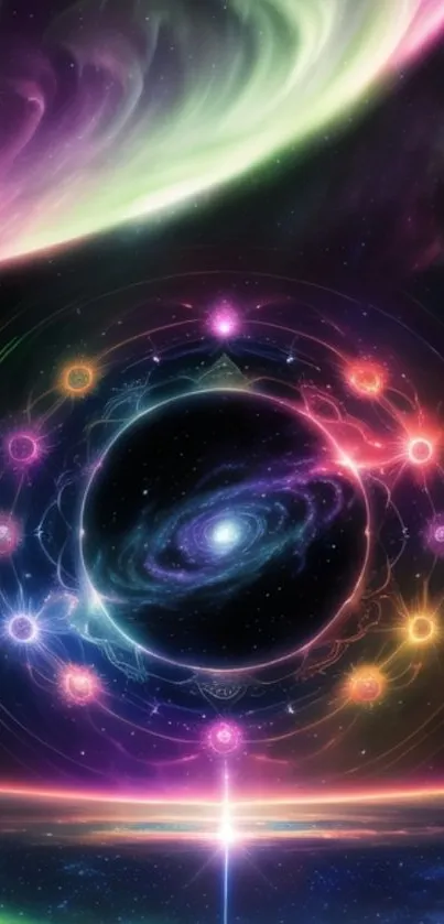 Vibrant cosmic wallpaper with galaxy design and colorful nebulae.