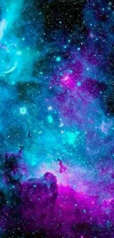 Purple and blue galaxy wallpaper with vibrant nebulae and stars.