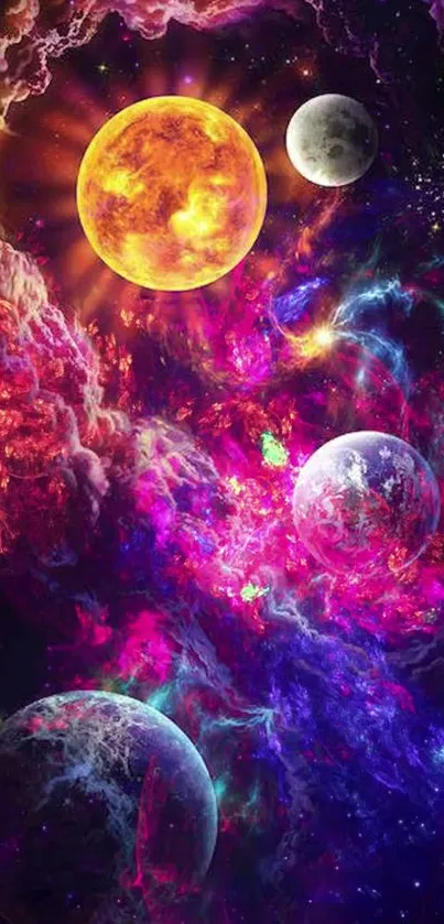 Vibrant cosmic galaxy wallpaper with planets and nebula.