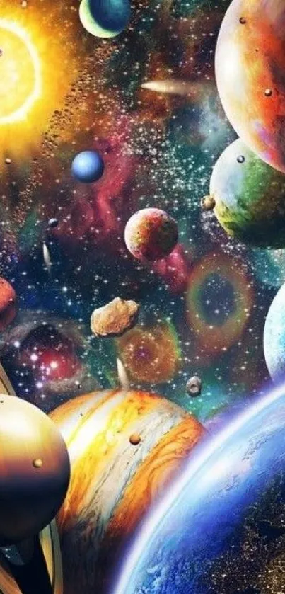 Vibrant cosmic wallpaper with colorful planets and stars.