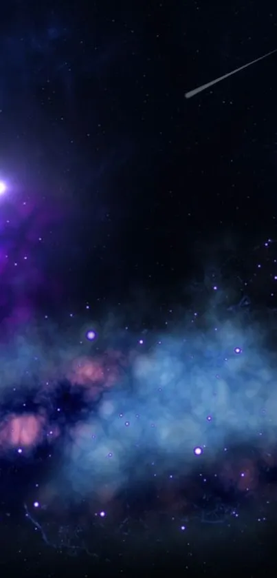 Vibrant cosmic galaxy wallpaper with starry night and purple-blue nebula.