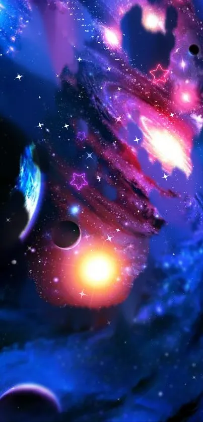 Bright cosmic wallpaper with planets and vibrant stars in a galaxy scene.