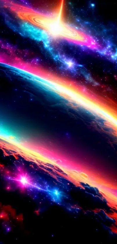 Vibrant cosmic galaxy wallpaper with colorful planetary view.