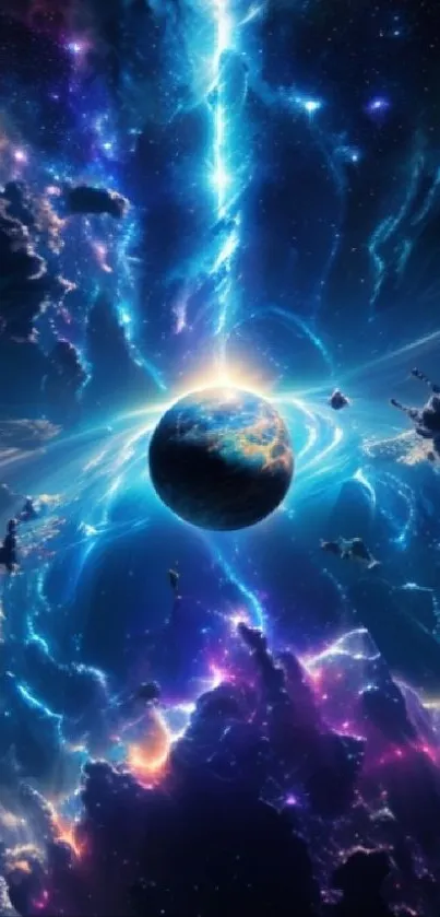 Cosmic glowing planet with vibrant nebulae.