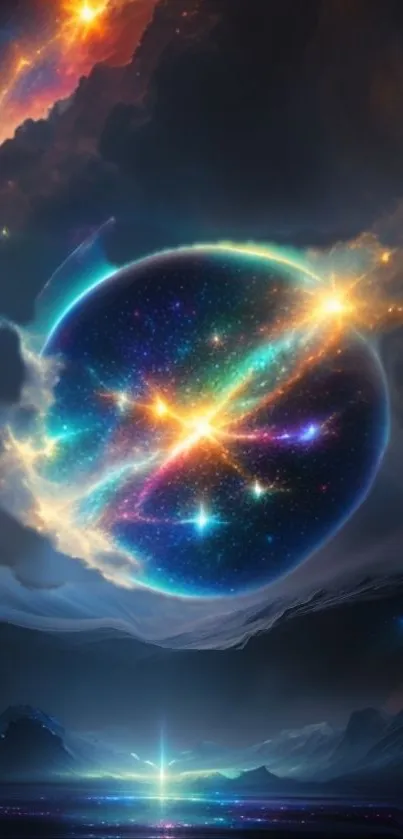 A stunning cosmic scene with vibrant colors and a glowing celestial sphere.