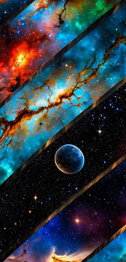 Colorful cosmic galaxy wallpaper with planet and nebula.