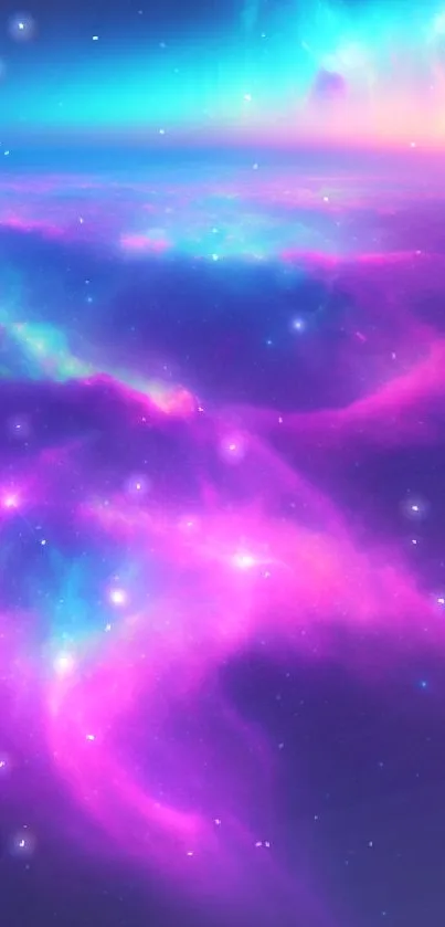 Vibrant cosmic galaxy wallpaper with neon colors and stars.