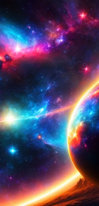 Vibrant cosmic wallpaper with colorful galaxy and glowing planets.