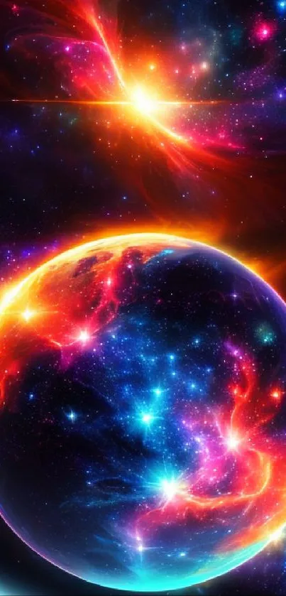 Vibrant cosmic galaxy wallpaper with colorful planet and nebula.