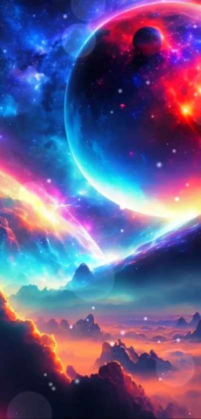 Colorful cosmic wallpaper with planets and vibrant nebulae.