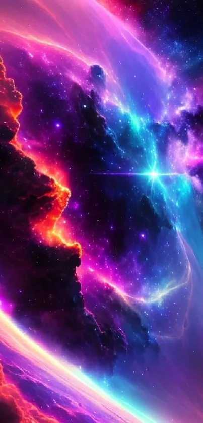 Vibrant mobile wallpaper of a colorful cosmic galaxy with nebulae and stars.