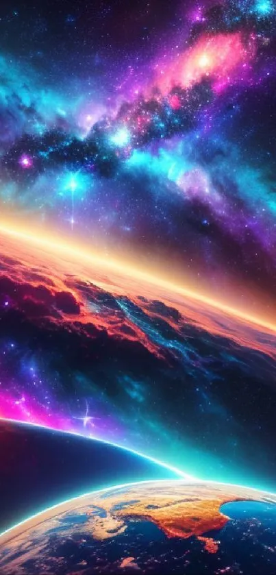 Vibrant galaxy wallpaper with colorful nebulae and starry skies.