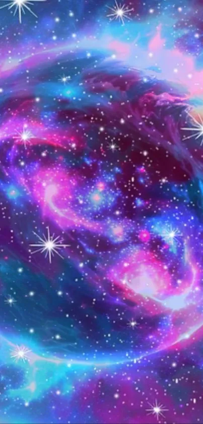 Vibrant cosmic galaxy wallpaper with neon colors and swirling space scene.