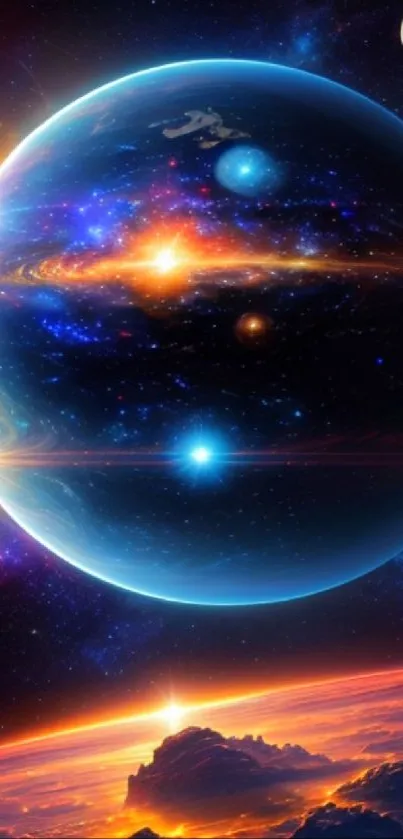 Vibrant blue galaxy wallpaper with planets and glowing nebula.