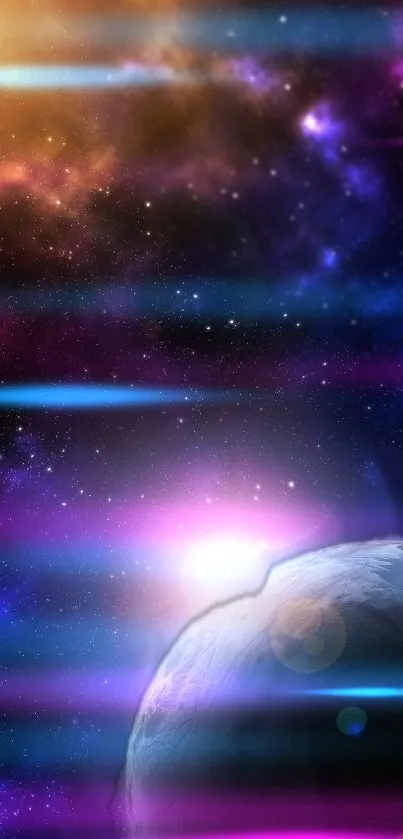Vibrant cosmic galaxy wallpaper with purple hues and celestial scenery.