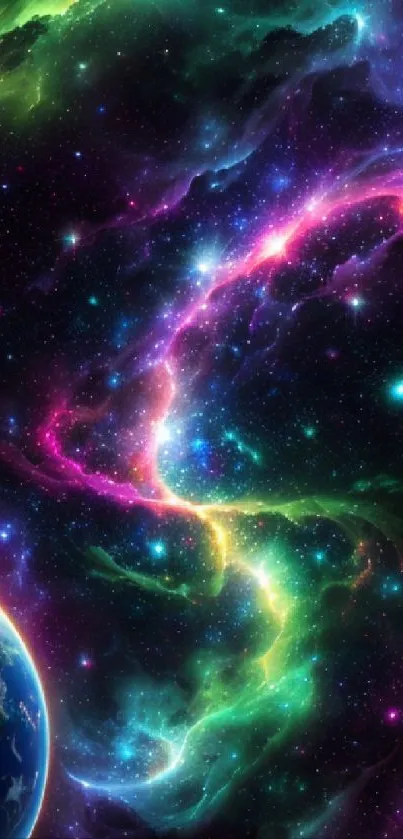 Vibrant cosmic galaxy wallpaper with colorful nebula and stars.