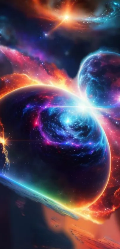 Vibrant cosmic galaxy with colorful planets and stars.
