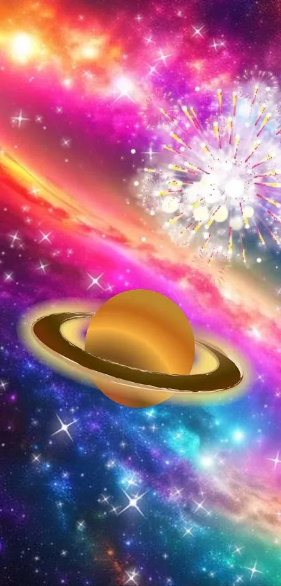 Vibrant cosmic wallpaper with galaxy, nebula, and planet.