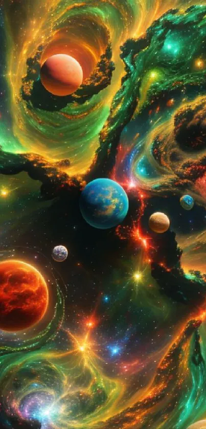 Colorful cosmic galaxy with swirling planets and stars in a vibrant nebula.