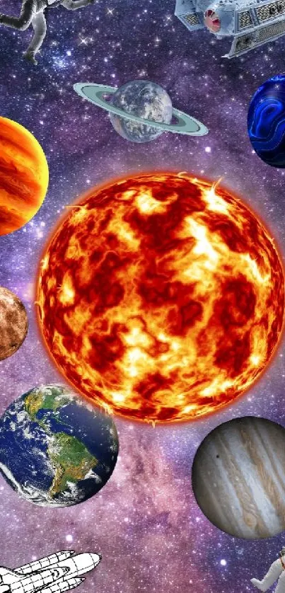 Vibrant space-themed wallpaper with planets and astronauts.