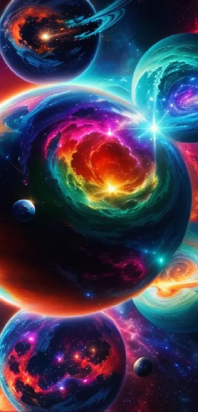 Vibrant cosmic wallpaper with colorful swirling planets and stars