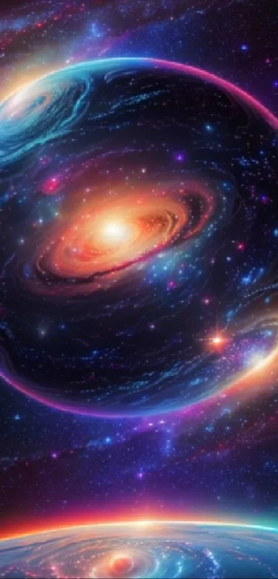 Colorful cosmic galaxy wallpaper with planets and stars in vibrant hues.
