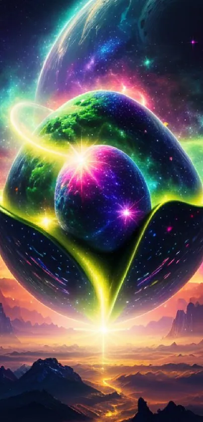 Vibrant cosmic geometry art with neon colors and a celestial scene on mobile wallpaper.