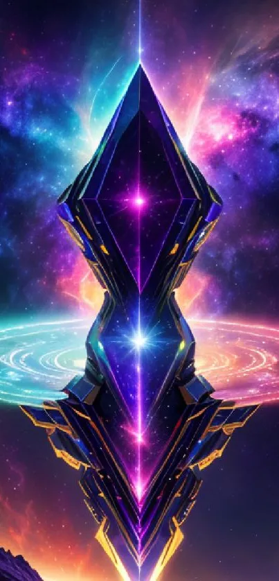 Futuristic cosmic geometry wallpaper with neon colors and abstract design.