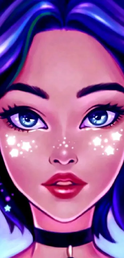 Cosmic girl with starry face art in vibrant purple hues.