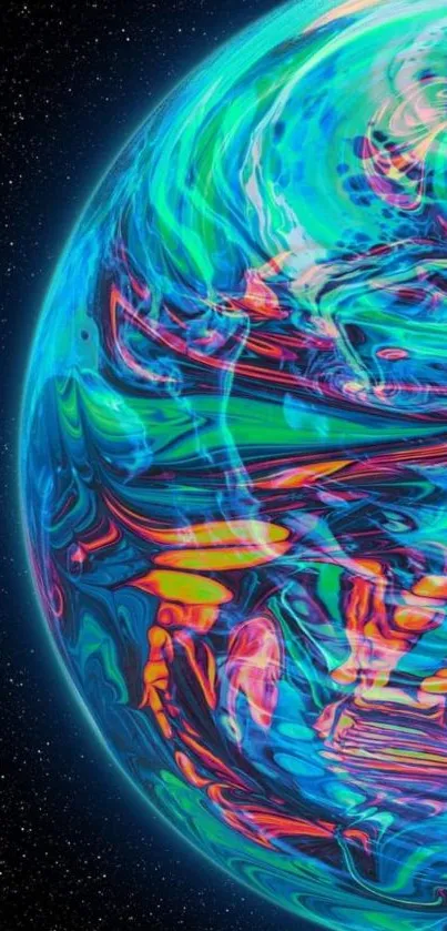 Vibrant abstract cosmic globe wallpaper with swirling colors on a starry background.