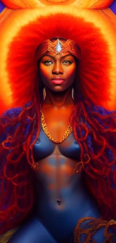 Vibrant cosmic goddess art with orange and blue hues.