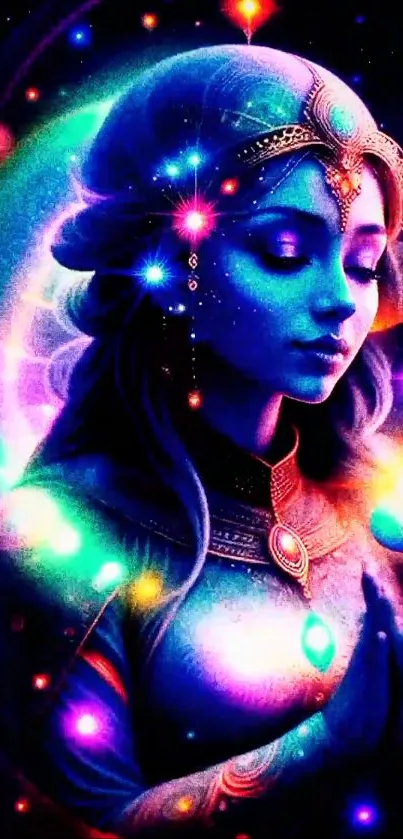 Mystical cosmic woman with colorful lights.