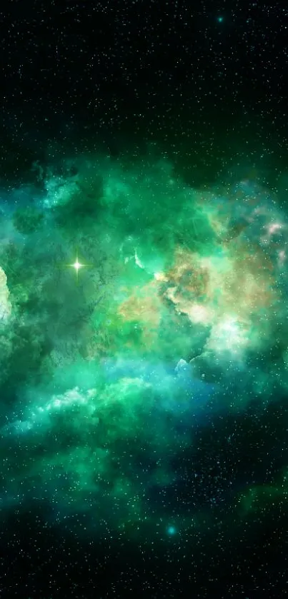 Cosmic wallpaper with vibrant green nebula and stars.