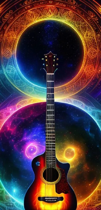 Guitar with cosmic neon lights and celestial patterns in the background.