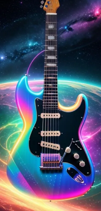 Colorful electric guitar with cosmic background featuring planets and galaxy.