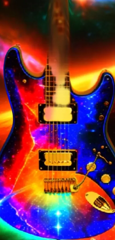 Vibrant cosmic guitar wallpaper with galaxy design in red and blue hues.