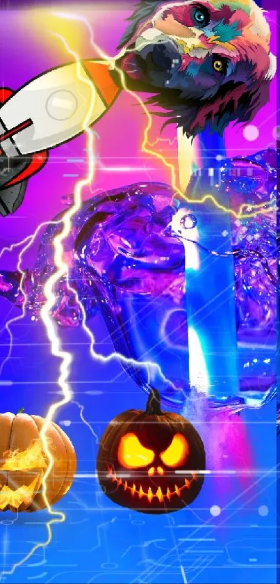 Vibrant Halloween-themed wallpaper with neon colors and cosmic elements.