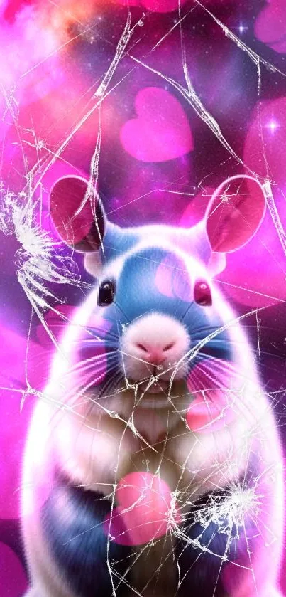 Cosmic hamster with pink, purple hues and broken glass effect on wallpaper.