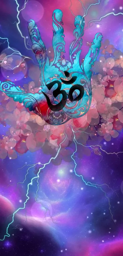Vibrant cosmic hand art with Om symbol and bold colors.