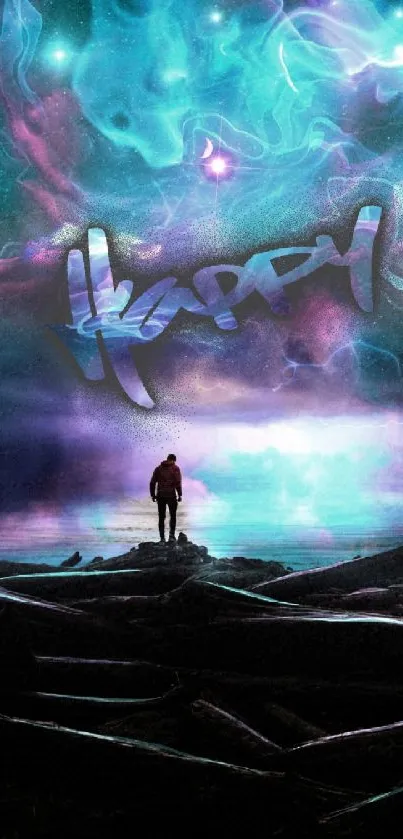 Vibrant cosmic scene with happy text and a lone figure gazing at celestial skies.