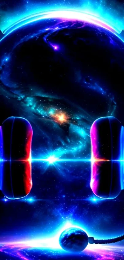 Neon cosmic headphones over galaxy wallpaper.