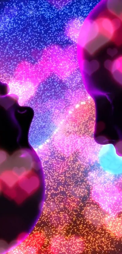 Colorful silhouette of faces with heart motifs in a cosmic setting.