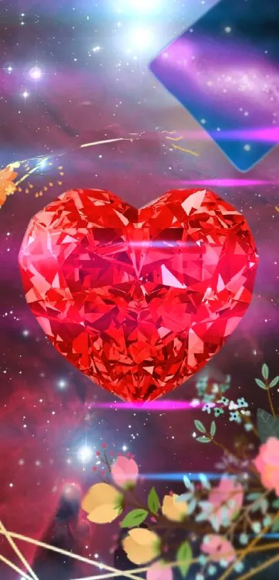 Vibrant red heart gem with cosmic and floral elements in space theme.