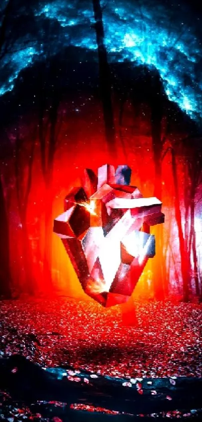 Abstract heart glowing in a mystical forest under a cosmic sky.