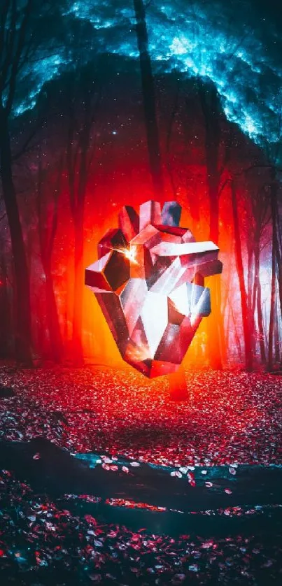 Surreal cosmic wallpaper with geometric heart and forest.