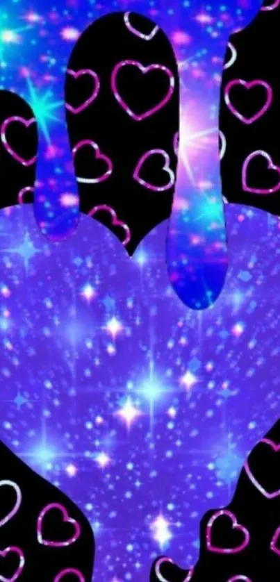 Vibrant cosmic heart with neon stars on a black background.